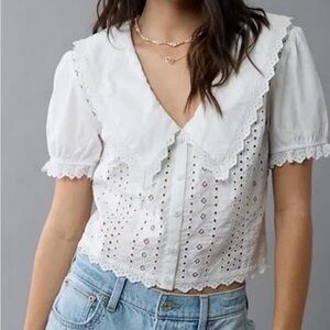 White Eyelet Lace Trim Blouse